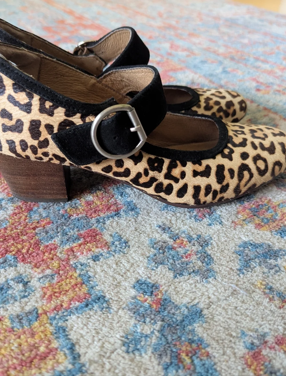 Sofft Women's 7.5 Lorna Leopard Tan Mary Jane Heels Cow Hair Leather Shoes